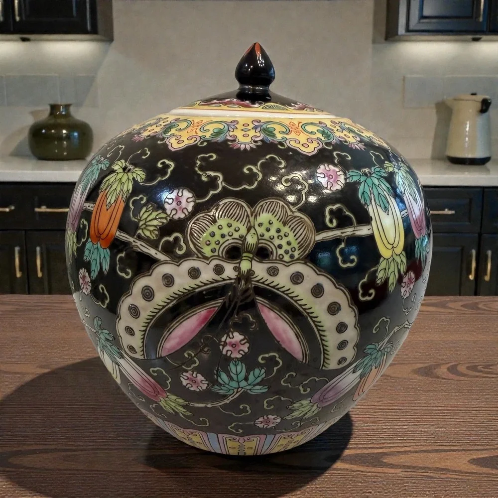 Vintage Black Famille Noire Chinese Porcelain Ginger Jar Celestial Moth 8.5in